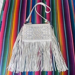 White Faux Leather Rivet Studded Fringe Crossbody Bag